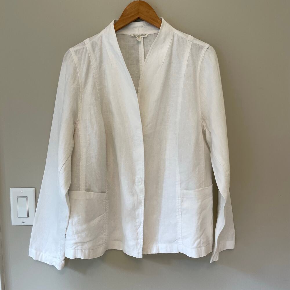 Eileen Fisher Woman High Collar White Linen Snap Closure Tailored Jacket Sz 1X